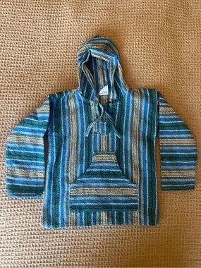 Vintage Kids Striped Blue Cotton Poncho